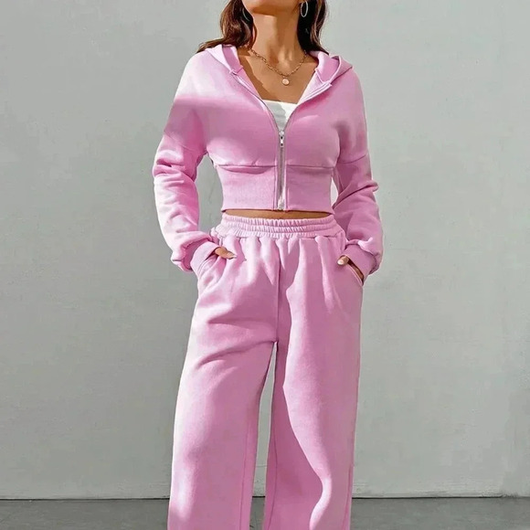 Pink Casual Women's Spring Zip Front Hooded Sweatshirt And Pants Two Piece Set - Picture 5 of 7